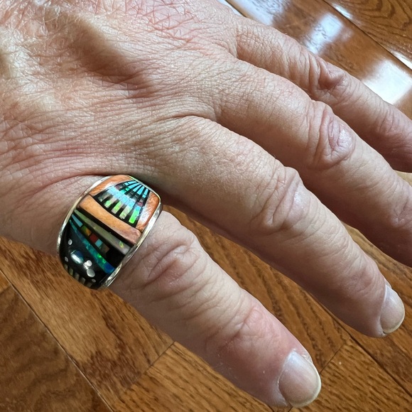 Colorful, Multi-Gemstone, Sterling Silver Inlay Statement Ring - Picture 10 of 17